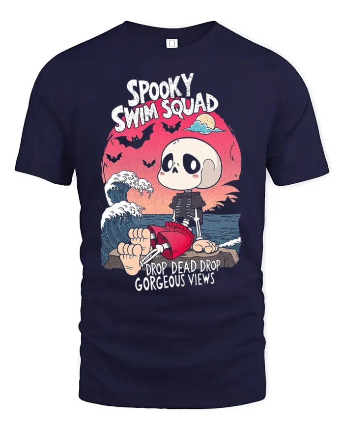 Spooky Swim Squad Cute Beach Skeleton Soft Cotton T Shirt - navy t-shirt on white background