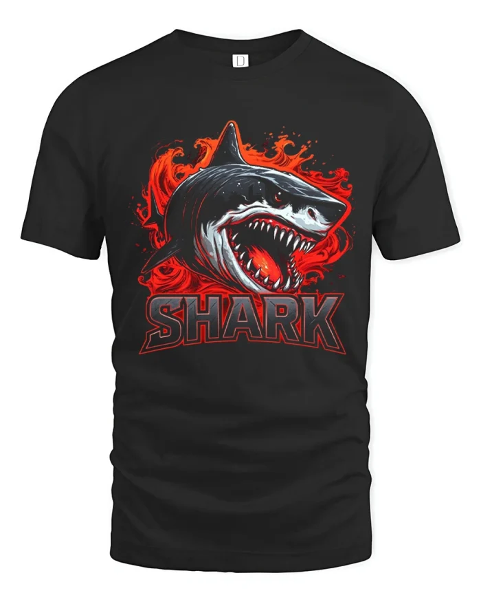 Angry Great White Shark Ocean Waves Soft Cotton T Shirt - black t-shirt on white background