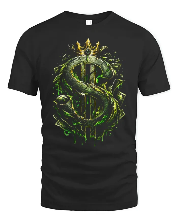 Snake Dollar Sign Golden Crown Money Soft Cotton T Shirt - black t-shirt on white background