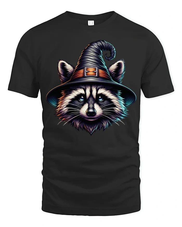 Spooky Witch Raccoon Halloween Hat Soft Cotton T Shirt - black t-shirt on white background