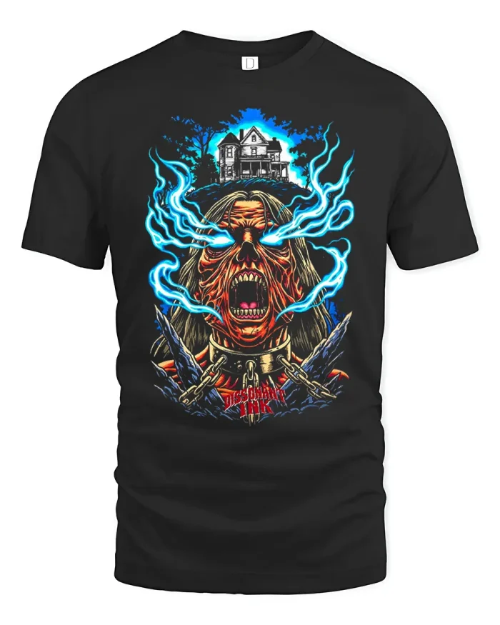 Chained Zombie Screaming Haunted House Soft Cotton T Shirt - black t-shirt on white background