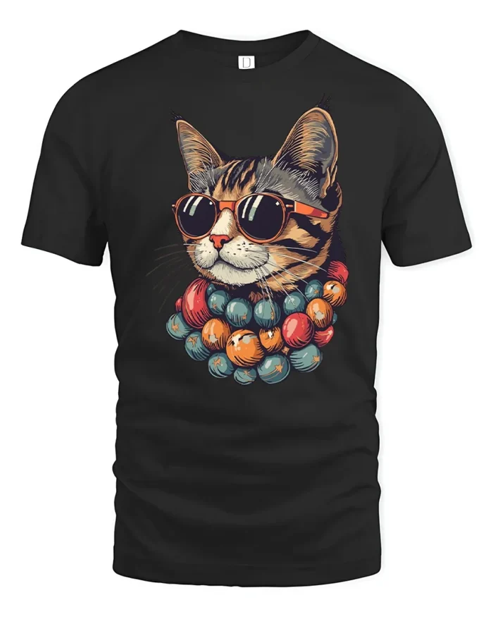 Cool Cat Sunglasses Colorful Beads Soft Cotton T Shirt - black t-shirt on white background