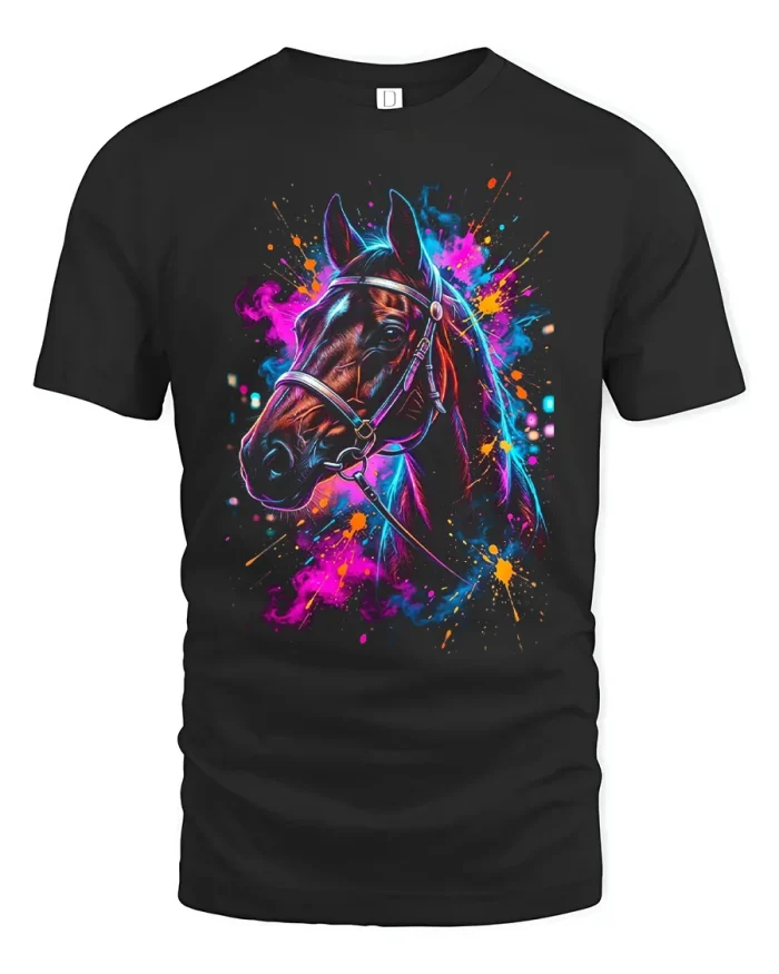 Neon Splatter Horse Portrait Colorful Soft Cotton T Shirt - black t-shirt on white background