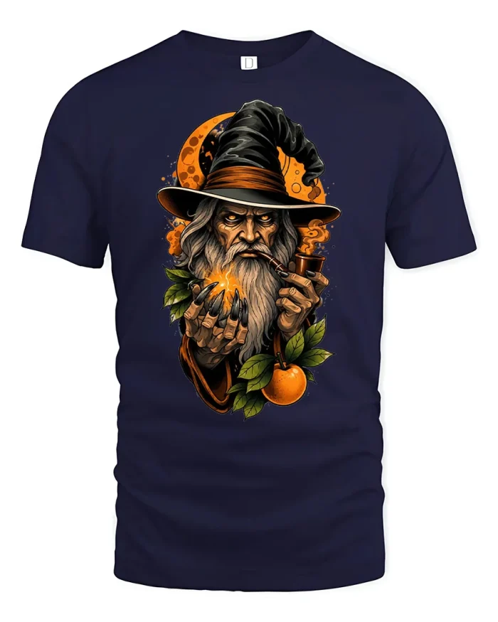 Vintage Autumn Wizard Smoking Pipe Magic Soft Cotton T Shirt - navy t-shirt on white background