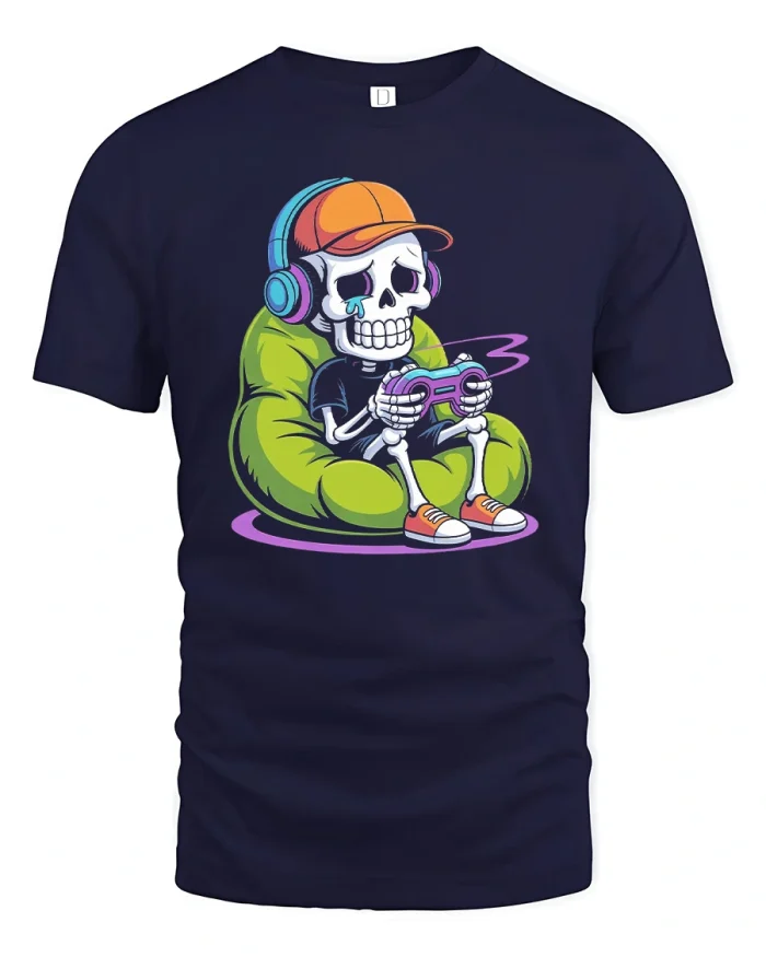 Gamer Skeleton Playing Video Games Soft Cotton T Shirt - navy t-shirt on white background