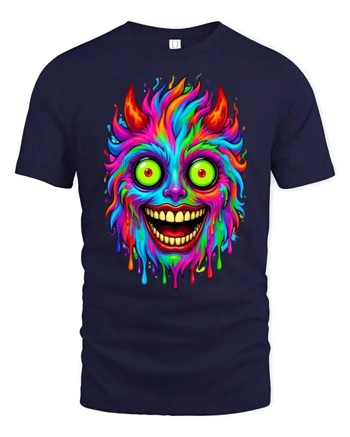 Trippy Psychedelic Colorful Monster Soft Cotton T Shirt - navy t-shirt on white background