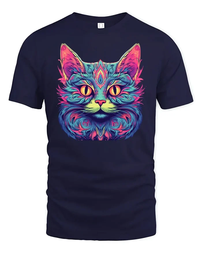 Trippy Psychedelic Neon Cat Portrait Soft Cotton T Shirt - navy t-shirt on white background