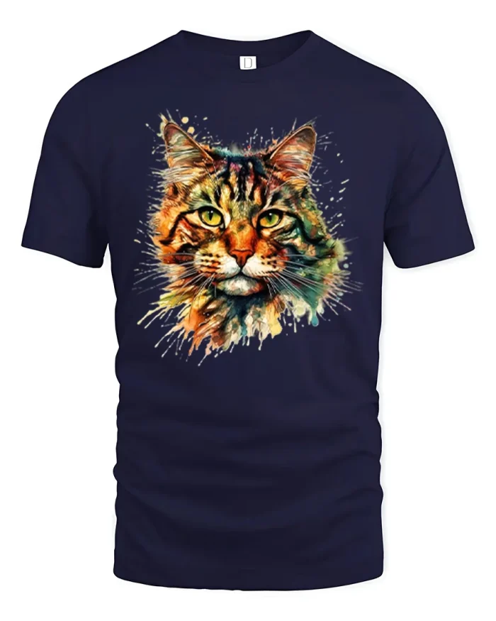 Watercolor Tabby Cat Splatter Art Soft Cotton T Shirt - navy t-shirt on white background