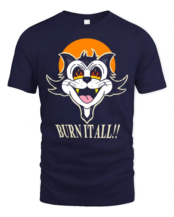 Retro Cartoon Cat Burn It All Fire Eyes Soft Cotton T Shirt - navy t-shirt on white background