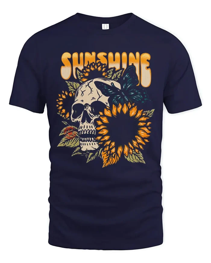 Retro Sunshine Skull Sunflower Butterfly Soft Cotton T Shirt - navy t-shirt on white background