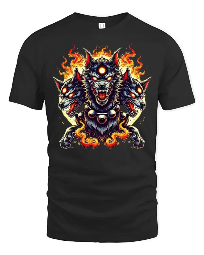 Cerberus Three Headed Hellhound Flames Cotton T Shirt - black t-shirt on white background