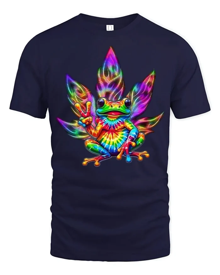 Trippy Tie Dye Frog Peace Sign Leaf Soft Cotton T Shirt - navy t-shirt on white background