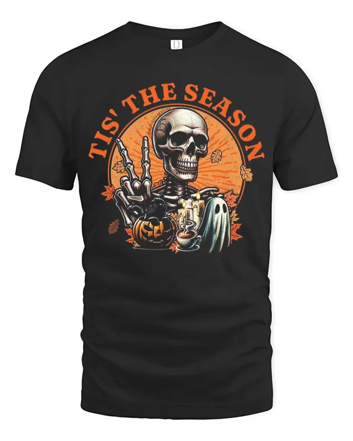 Tis The Season Skeleton Peace Sign Autumn Cotton T Shirt - black t-shirt on white background
