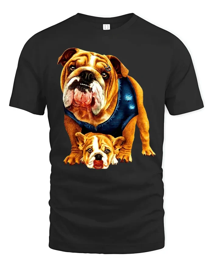 Biker Bulldog And Puppy Vest Art Soft Cotton T Shirt - black t-shirt on white background