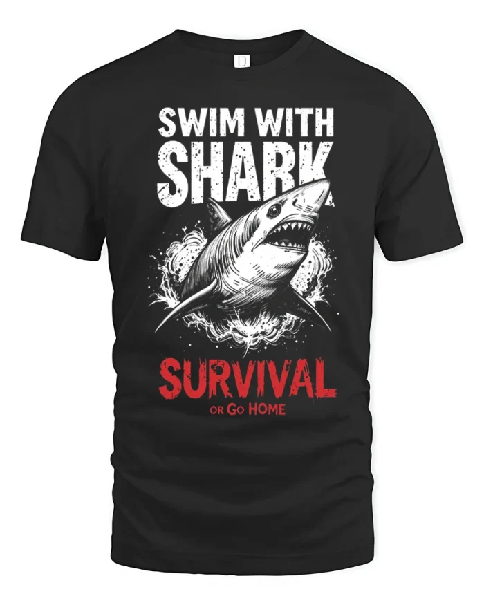 Swim With Shark Survival Art Ocean Soft Cotton T Shirt - black t-shirt on white background
