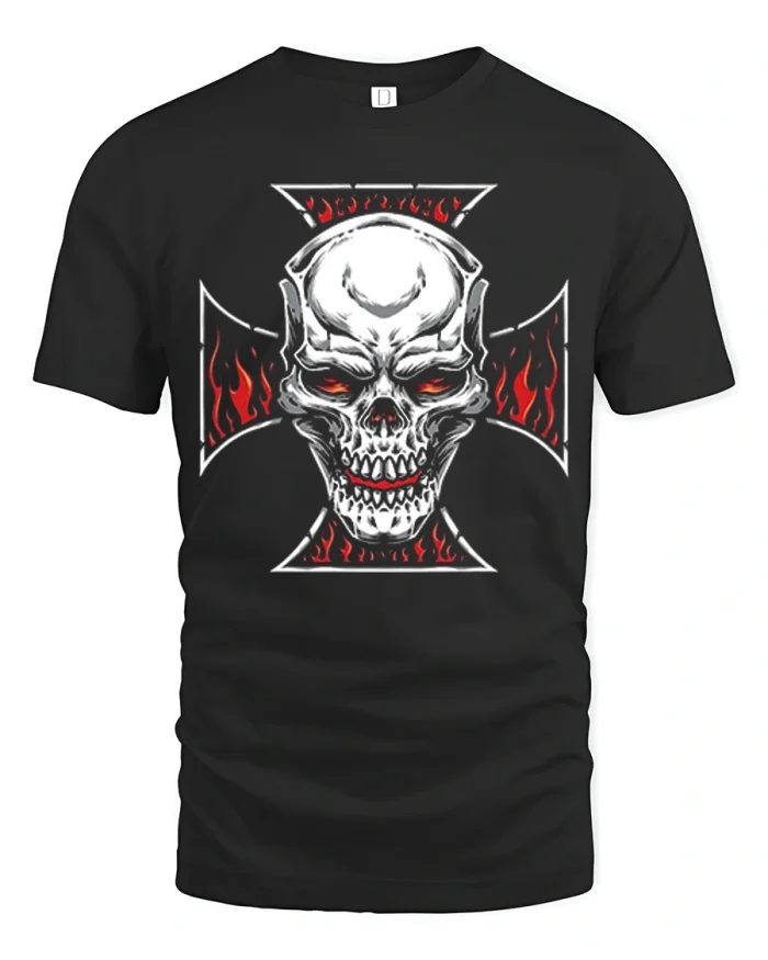 Biker Iron Cross Fiery Skull Soft Cotton T Shirt - black t-shirt on white background