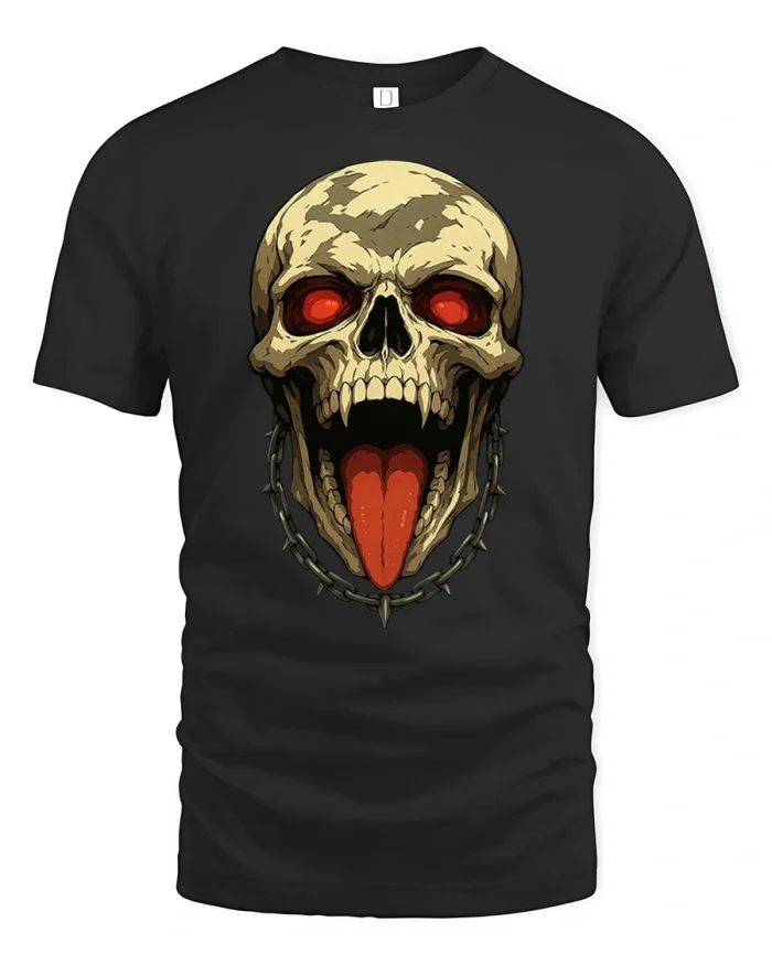 Vampire Skull Spiked Chain Tongue Art Soft Cotton T Shirt - black t-shirt on white background