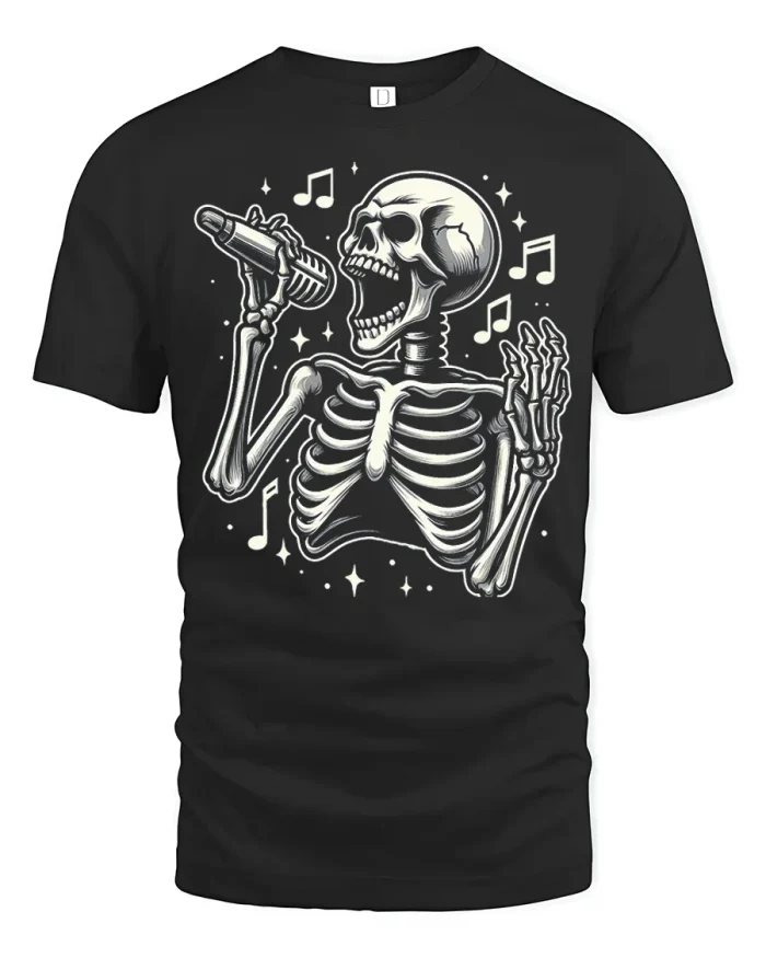 Singing Skeleton Microphone Rock Star Cotton T Shirt - black t-shirt on white background