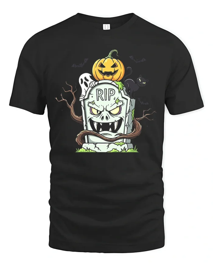 Spooky Tombstone Pumpkin Ghost Halloween Cotton T Shirt - black t-shirt on white background