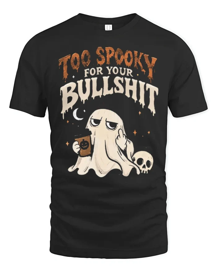 Too Spooky For Your Coffee Ghost Soft Cotton T Shirt - black t-shirt on white background