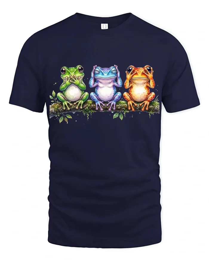 Hear No Evil See No Evil Frogs Art Soft Cotton T Shirt - navy t-shirt on white background