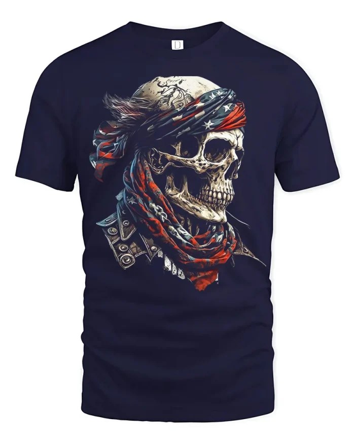 Biker Skull Flag Bandana American Art Soft Cotton T Shirt - navy t-shirt on white background