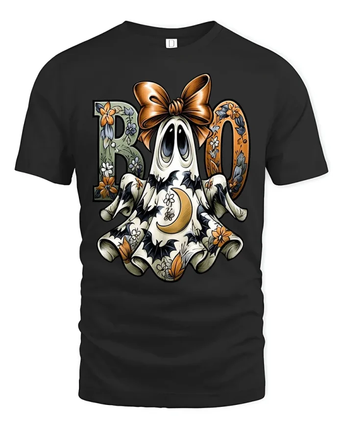 Cute Boo Ghost Bow Halloween Floral Soft Cotton T Shirt - black t-shirt on white background