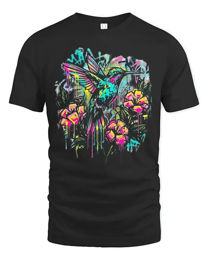 Colorful Graffiti Hummingbird Flowers Soft Cotton T Shirt - black t-shirt on white background