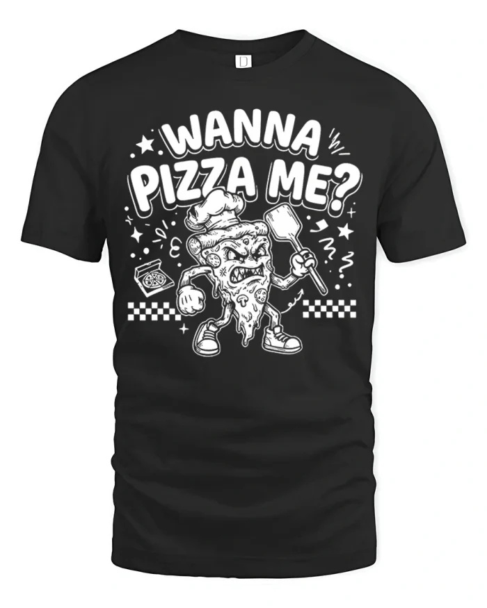 Funny Wanna Pizza Me Slice Chef Soft Cotton T Shirt - black t-shirt on white background