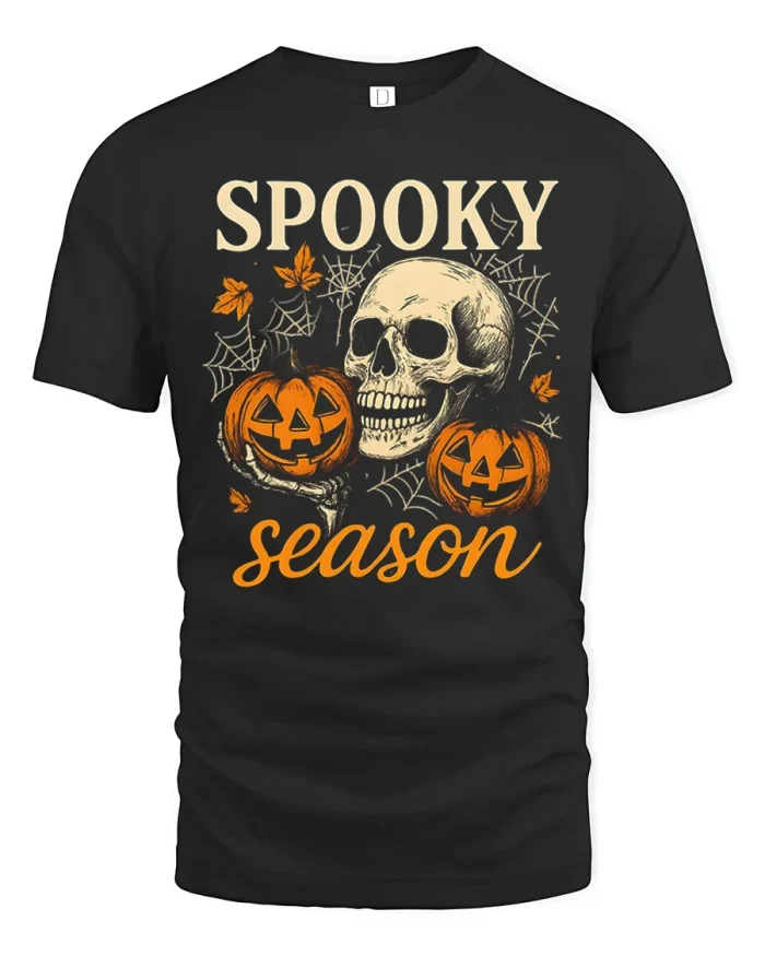 Spooky Season Skull Pumpkin Halloween Soft Cotton T Shirt - black t-shirt on white background
