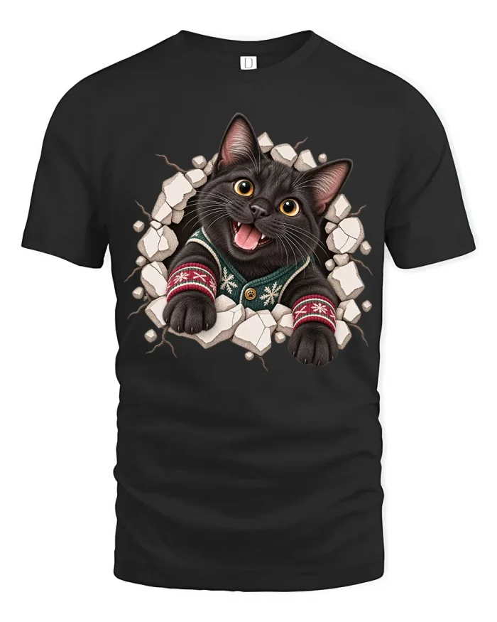 Black Cat Christmas Sweater Wall Break Soft Cotton T Shirt - black t-shirt on white background