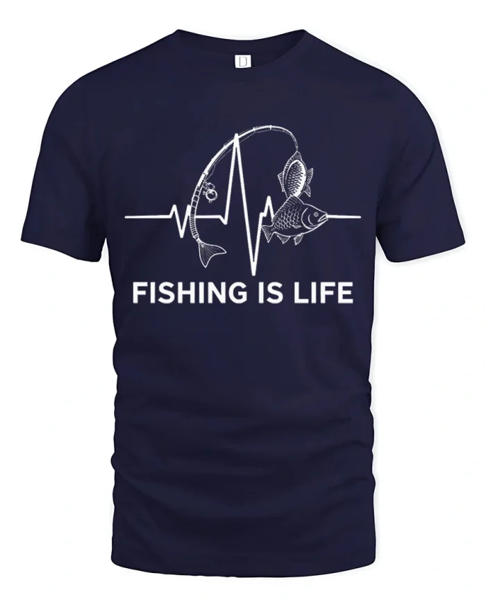 Fishing Is Life Heartbeat Pulse Rod Reel Soft Cotton T Shirt - navy t-shirt on white background