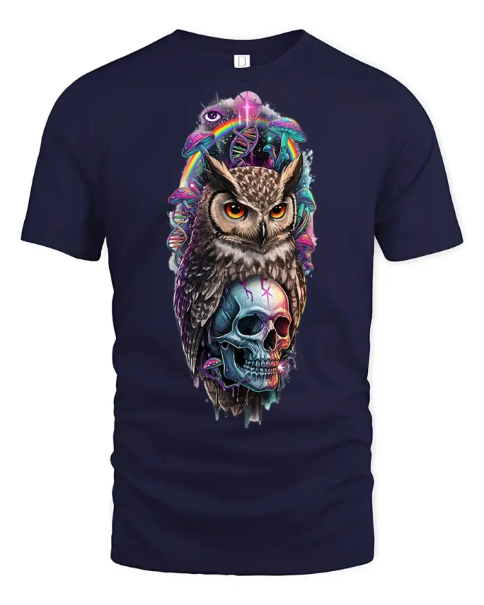 Trippy Owl Skull Mushroom Rainbow Art Soft Cotton T Shirt - navy t-shirt on white background