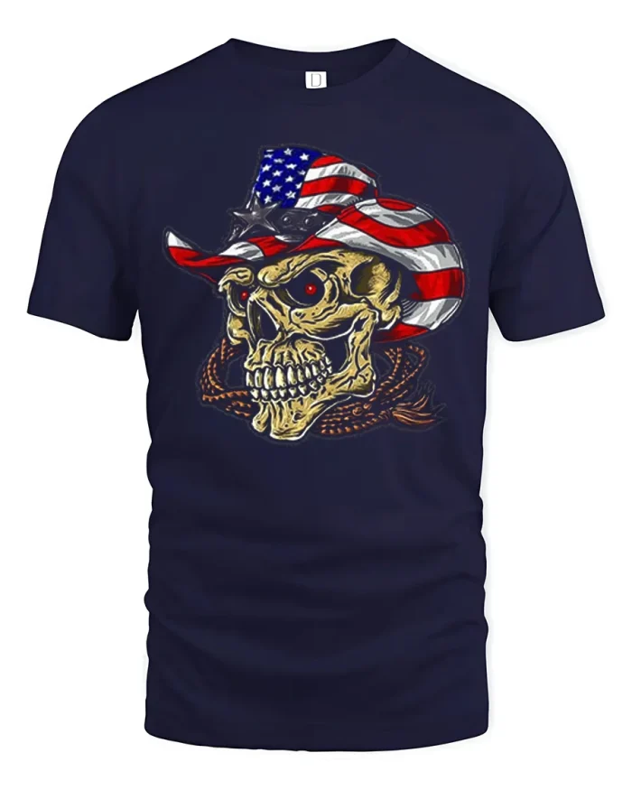 American Flag Cowboy Skull Western Art Soft Cotton T Shirt - navy t-shirt on white background