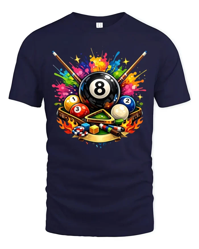 Billiards Eight Ball Pool Cue Splash Soft Cotton T Shirt - navy t-shirt on white background
