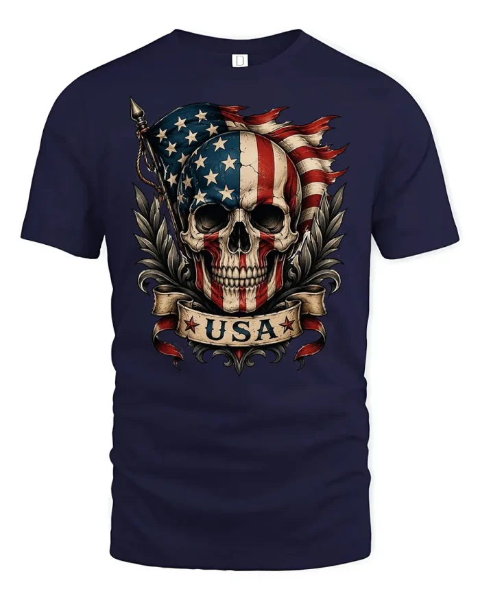 American Flag USA Skull Patriotic Art Soft Cotton T Shirt - navy t-shirt on white background