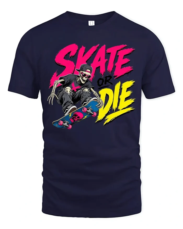 Skate Or Die Skeleton Skateboarder Soft Cotton T Shirt - navy t-shirt on white background