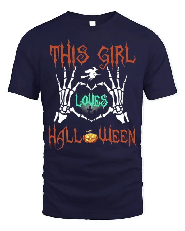 This Girl Loves Halloween Skeleton Hands Soft Cotton T Shirt - navy t-shirt on white background