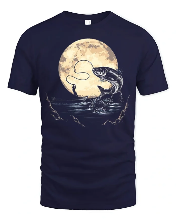 Night Fishing Big Catch Full Moon Art Soft Cotton T Shirt - navy t-shirt on white background