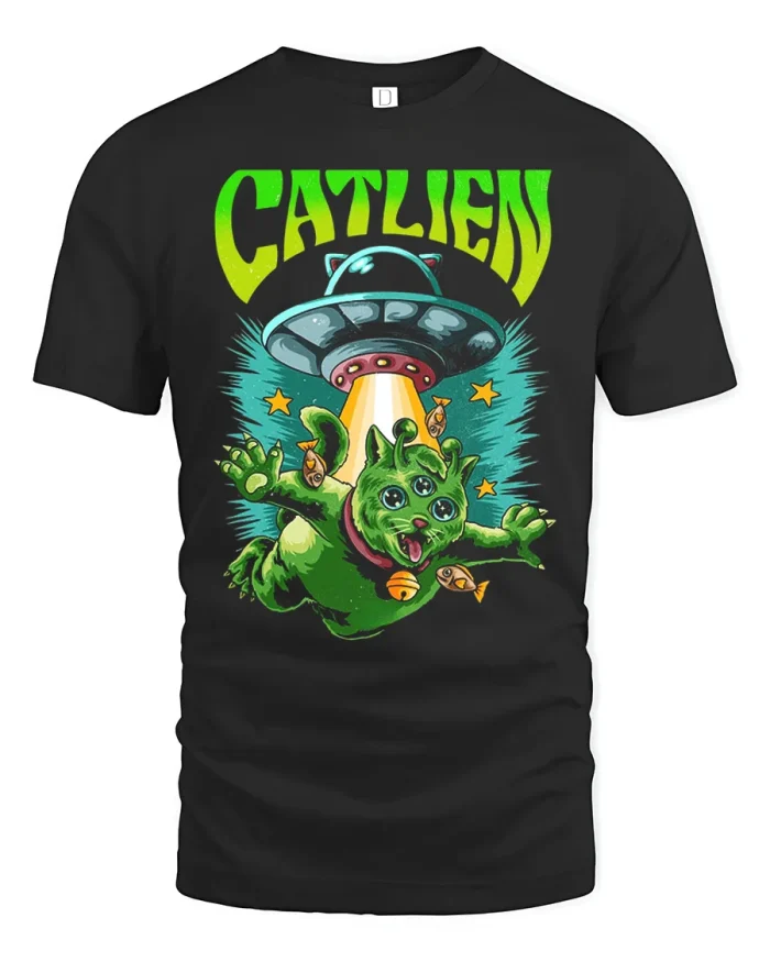 Funny Catlien UFO Alien Cat Beam Art Soft Cotton T Shirt - black t-shirt on white background
