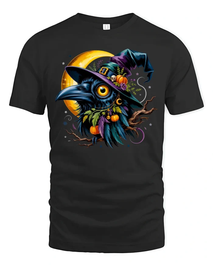 Witch Raven Crescent Moon Halloween Soft Cotton T Shirt - black t-shirt on white background