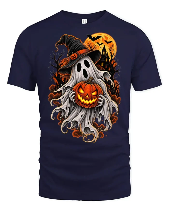 Spooky Witch Hat Ghost Pumpkin Art Soft Cotton T Shirt - navy t-shirt on white background