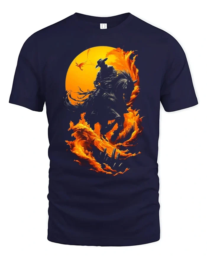 Western Cowboy Horse Sunset Fire Art Soft Cotton T Shirt - navy t-shirt on white background