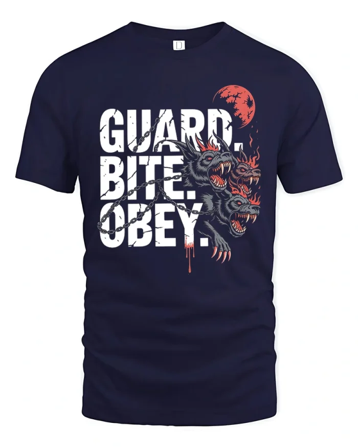 Cerberus Guard Bite Obey Mythical Beast Soft Cotton T Shirt - navy t-shirt on white background