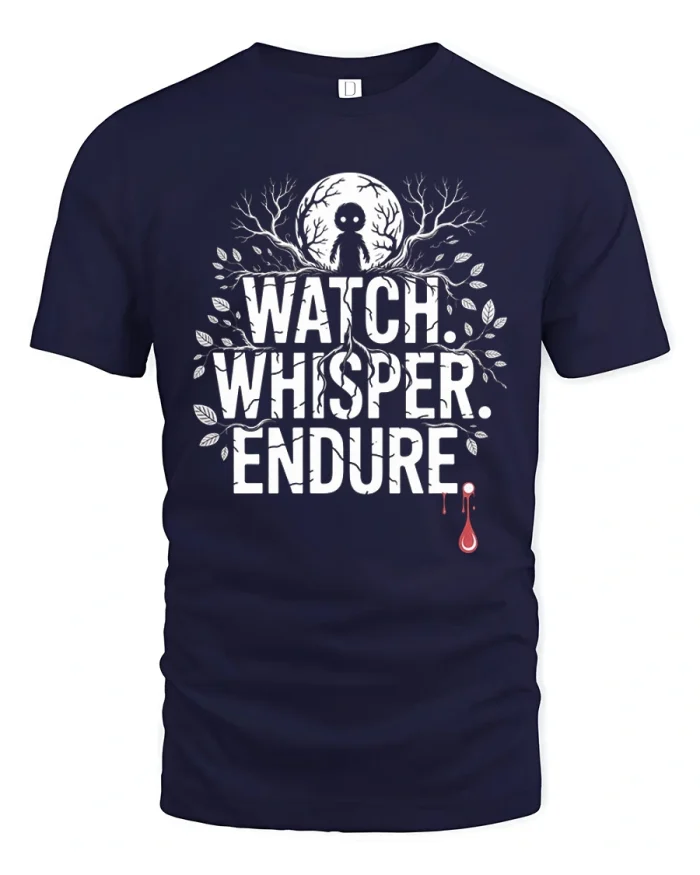 Watch Whisper Endure Creepy Forest Art Soft Cotton T Shirt - navy t-shirt on white background