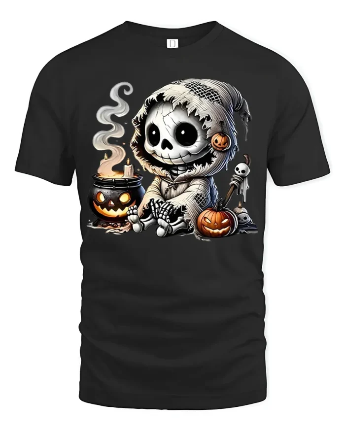 Cute Baby Skeleton Cauldron Witch Halloween Soft T Shirt - black t-shirt on white background