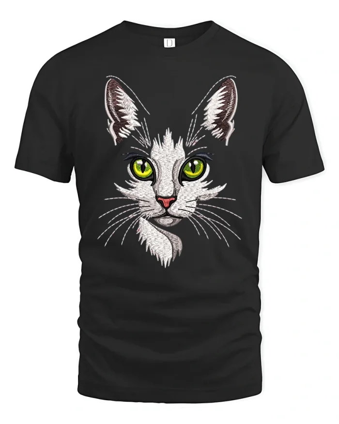 Retro Green Eyed Cat Face Embroidery Art Soft Cotton T Shirt - black t-shirt on white background