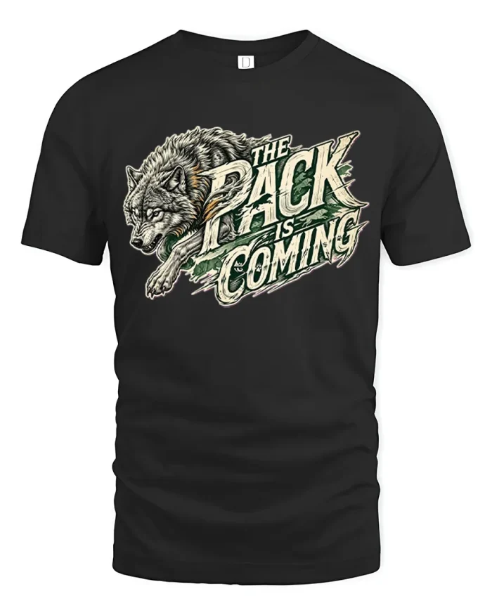 Retro The Pack Is Coming Timber Wolf Soft Cotton T Shirt - black t-shirt on white background