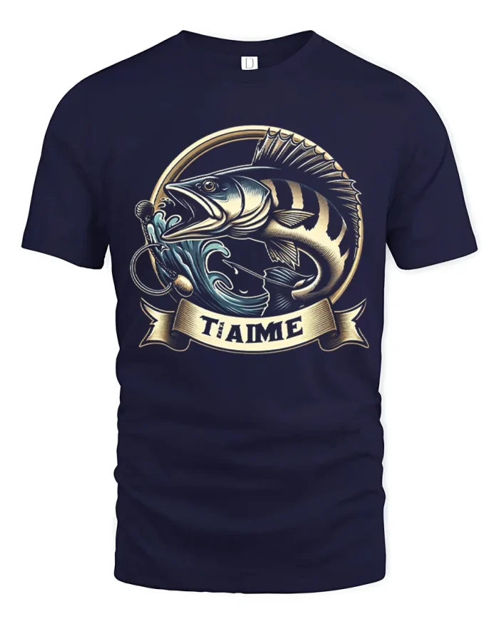Retro Walleye Bass Fishing Emblem Art Soft Cotton T Shirt - navy t-shirt on white background