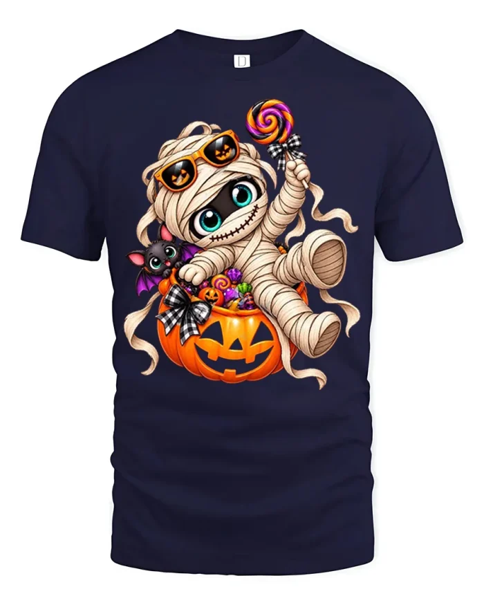 Cute Baby Mummy Pumpkin Candy Halloween Soft Cotton T Shirt - navy t-shirt on white background